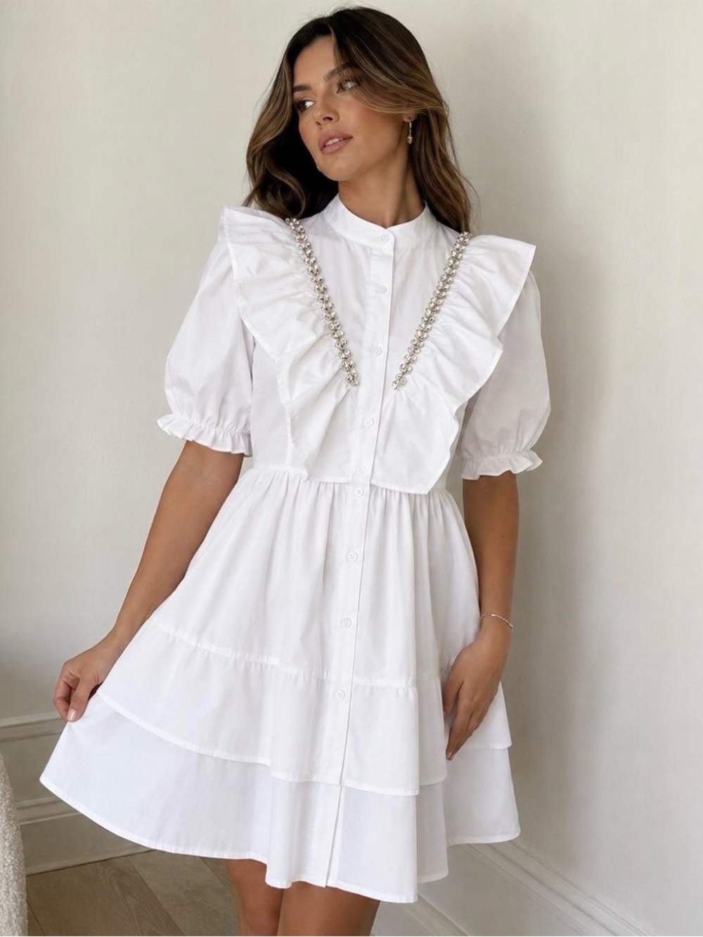 CIDER White Ruffle Rhinestone Trim Puff Sleeve Mini Dress Cottagecore Large